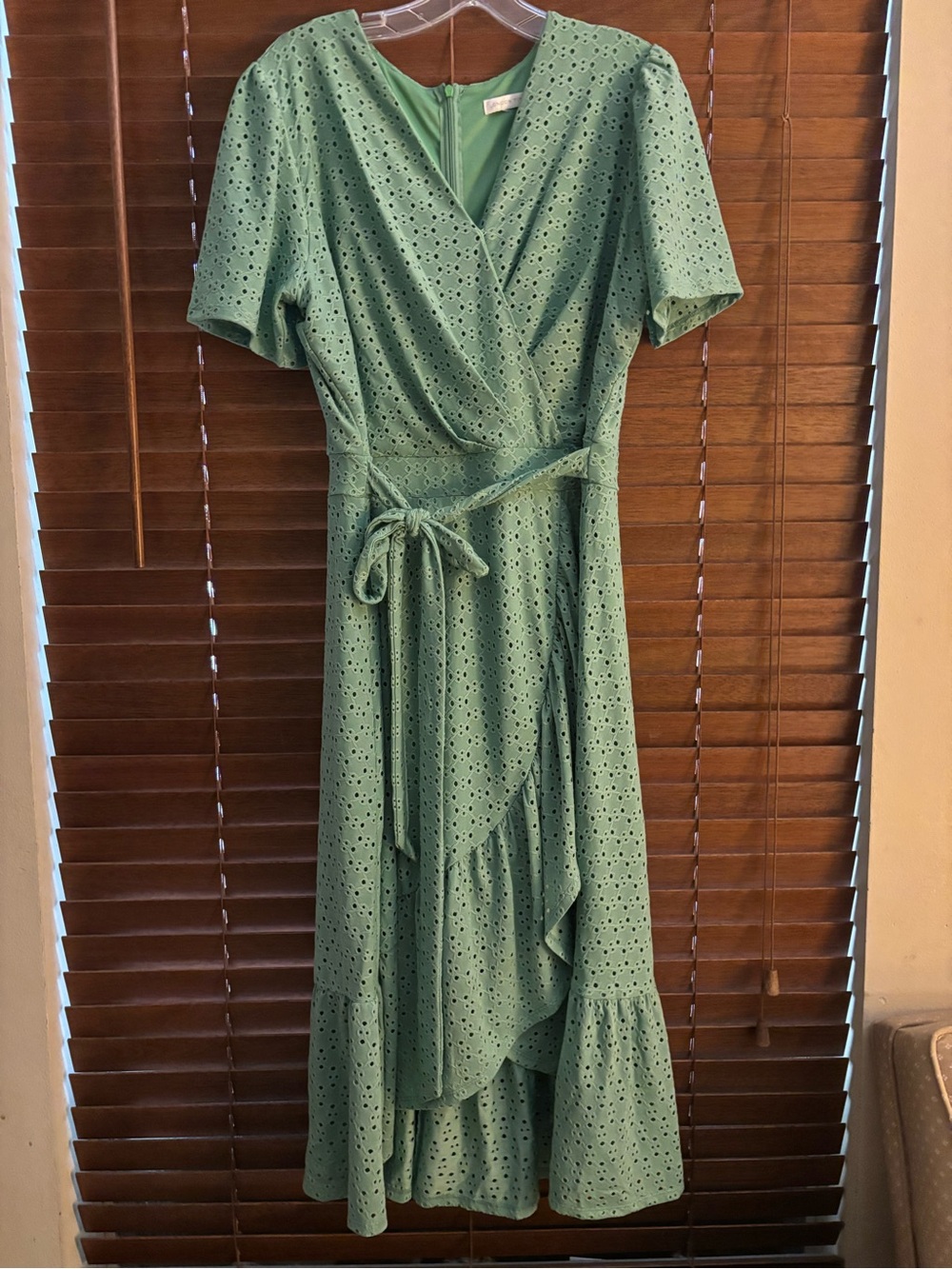 London Times Sage Green Eyelet Wrap Midi Dress with Tie Waist